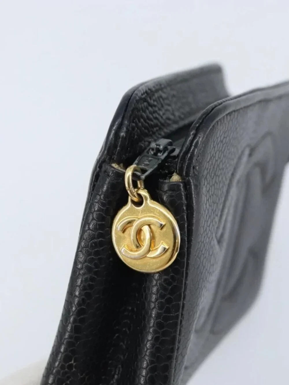 CHANEL COCO Mark Pouch Grained Calf Skin Black Gold CC Auth AMZ108